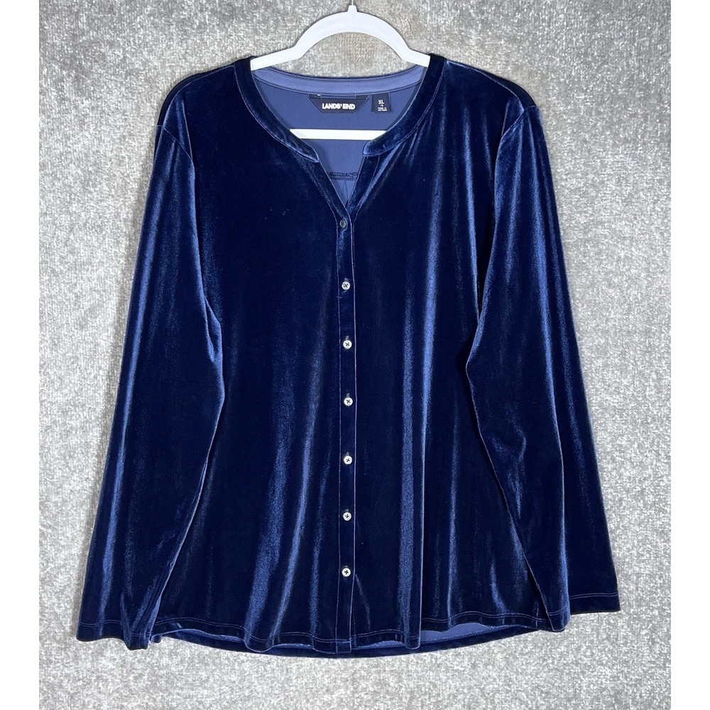 Lands End Velvet Button Up Top Womens Sz XL Blue Long Sleeve Whimsigoth Holiday